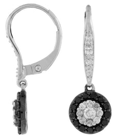 .60CT WHITE & BLACK DIAMOND 14KT WHITE GOLD 3D FLOWER LEVERBACK HANGING EARRINGS