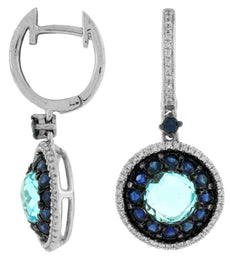 3.34CT DIAMOND & AAA SAPPHIRE & BLUE TOPAZ 14K WHITE GOLD ROUND HANGING EARRINGS
