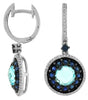 3.34CT DIAMOND & AAA SAPPHIRE & BLUE TOPAZ 14K WHITE GOLD ROUND HANGING EARRINGS