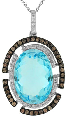 12.06CT WHITE & MOCHA DIAMOND & AAA BLUE TOPAZ 14KT WHITE GOLD OVAL HALO PENDANT