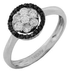 .50CT WHITE & BLACK DIAMOND 14KT WHITE GOLD FLOWER HALO CLASSIC FRIENDSHIP RING