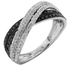 .68CT WHITE & BLACK DIAMOND 14KT WHITE GOLD 3D MULTI ROW CRISS CROSS LOVE RING