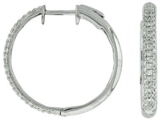 ESTATE .70CT DIAMOND 14KT WHITE GOLD 3D CLASSIC 3 ROW PAVE HOOP HANGING EARRINGS