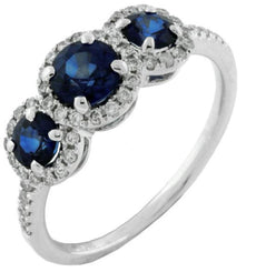 1.55CT DIAMOND & AAA SAPPHIRE 14KT WHITE GOLD 3D 3 STONE HALO ANNIVERSARY RING