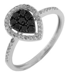 .41CT WHITE & BLACK DIAMOND 14KT WHITE & BLACK GOLD CLUSTER PEAR SHAPE HALO RING