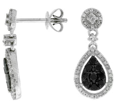 .72CT WHITE & BLACK DIAMOND 14KT WHITE GOLD CLUSTER TEAR DROP HANGING EARRINGS