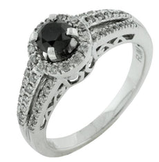 .75CT WHITE & BLACK DIAMOND 14KT WHITE GOLD ROUND HALO FILIGREE FRIENDSHIP RING