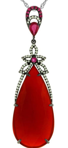 1.02CT DIAMOND & AAA RUBY & RED AGATE 14K WHITE GOLD 3D TEAR DROP FLOWER PENDANT