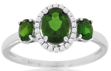 1.40CT DIAMOND & AAA GREEN GARNET 14KT WHITE GOLD OVAL & ROUND 3 STONE LOVE RING