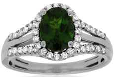 1.60CT DIAMOND & AAA GREEN GARNET 14KT WHITE GOLD 3D OVAL HALO ENGAGEMENT RING