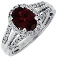1.80CT DIAMOND & AAA RHODOLITE 14KT WHITE GOLD OVAL & ROUND HALO ENGAGEMENT RING