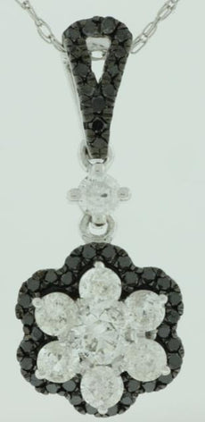 .77CT WHITE & BLACK DIAMOND 14KT WHITE GOLD 3D CLASSIC FLOWER FLOATING PENDANT