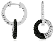 ESTATE .87CT WHITE & BLACK DIAMOND 14KT WHITE GOLD 3D CIRCULAR HANGING EARRINGS