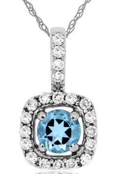 .39CT DIAMOND & AAA AQUAMARINE 14K WHITE GOLD ROUND SQUARE HALO FLOATING PENDANT