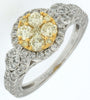 1.36CT WHITE & FANCY YELLOW DIAMOND 14KT 2 TONE GOLD CLUSTER FLOWER PROMISE RING
