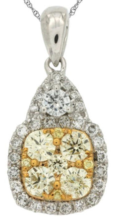 .9CT WHITE & FANCY YELLOW DIAMOND 14KT WHITE GOLD 3D CLUSTER SQUARE FUN PENDANT