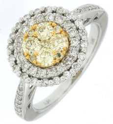 1.03CT WHITE & FANCY YELLOW DIAMOND 14KT 2 TONE GOLD 3D CLUSTER DOUBLE HALO RING