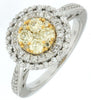 1.03CT WHITE & FANCY YELLOW DIAMOND 14KT 2 TONE GOLD 3D CLUSTER DOUBLE HALO RING