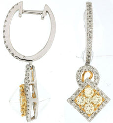 1.08CT WHITE & CANARY DIAMOND 14K 2 TONE GOLD 3D CLUSTER SQUARE HANGING EARRINGS