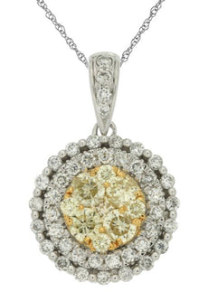 1.15CT WHITE & FANCY YELLOW DIAMOND 14K 2 TONE GOLD ROUND CLUSTER FLOWER PENDANT