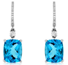 9.50CT DIAMOND & AAA BLUE TOPAZ 14KT WHITE GOLD CUSHION & ROUND HANGING EARRINGS