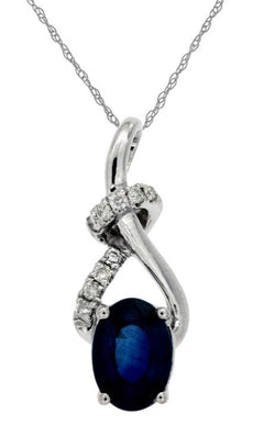 1.06CT DIAMOND & SAPPHIRE 14K WHITE GOLD OVAL & ROUND LOVE KNOT FLOATING PENDANT
