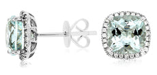 ESTATE 4.01CT DIAMOND & AAA AQUAMRINE 14KT WHITE GOLD CUSHION HALO STUD EARRINGS