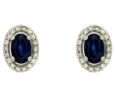 1.08CT DIAMOND & AAA SAPPHIRE 14KT WHITE GOLD 3D OVAL & ROUND HALO STUD EARRINGS