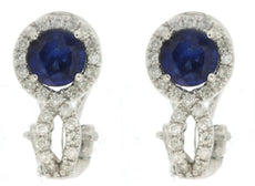 1.44CT DIAMOND & AAA SAPPHIRE 14K WHITE GOLD ROUND HALO CLIP ON HANGING EARRINGS