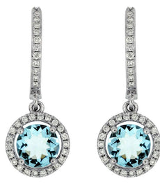 ESTATE 1.7CT DIAMOND & AAA AQUAMARINE 14K WHITE GOLD ROUND HALO HANGING EARRINGS