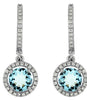 ESTATE 1.7CT DIAMOND & AAA AQUAMARINE 14K WHITE GOLD ROUND HALO HANGING EARRINGS