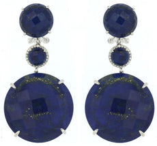 LARGE 66.11CT DIAMOND & AAA LAPIS 14KT WHITE GOLD 3D CIRCULAR HANGING EARRINGS