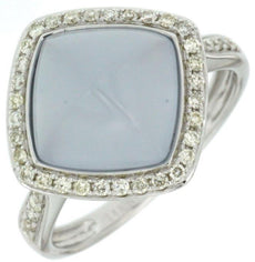 4.28CT DIAMOND & AAA BLUE CHALCEDONY 14K WHITE GOLD SQUARE HALO CLASSIC FUN RING