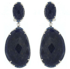 55.52CT DIAMOND & AAA SODALITE & SAPPHIRE 14KT WHITE GOLD OVAL HANGING EARRINGS