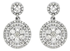 .86CT DIAMOND 14KT WHITE GOLD 3D FLOWER DOUBLE HALO CLASSIC HANGING EARRINGS