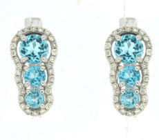 1.29CT DIAMOND & AAA BLUE TOPAZ 14KT WHITE GOLD 3D 3 STONE HALO HANGING EARRINGS