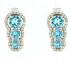 1.29CT DIAMOND & AAA BLUE TOPAZ 14KT WHITE GOLD 3D 3 STONE HALO HANGING EARRINGS