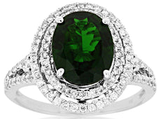 3.04CT DIAMOND & AAA GREEN GARNET 14KT WHITE GOLD OVAL & ROUND DOUBLE HALO RING