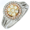 1.0CT WHITE & FANCY YELLOW DIAMOND 14KT TRI COLOR GOLD CLUSTER DOUBLE HALO RING