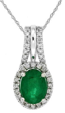 1.44CT DIAMOND & AAA EMERALD 14KT WHITE GOLD OVAL & ROUND HALO FLOATING PENDANT