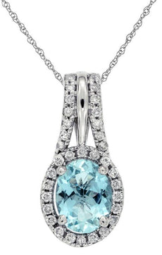1.34CT DIAMOND & AQUAMARINE 14K WHITE GOLD 3D OVAL & ROUND HALO FLOATING PENDANT