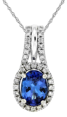 1.54CT DIAMOND & AAA TANZANITE 14K WHITE GOLD OVAL & ROUND HALO FLOATING PENDANT