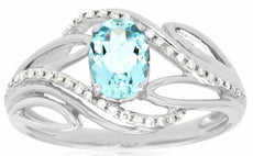 0.86CT DIAMOND & AAA AQUAMARINE 14KT WHITE GOLD OVAL & ROUND MULTI LEAF FUN RING