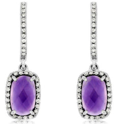 2.11CT DIAMOND & AAA AMETHYST 14K WHITE GOLD 3D CUSHION & ROUND HANGING EARRINGS