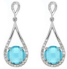 2.42CT DIAMOND & AAA BLUE TOPAZ 14KT WHITE GOLD ROUND TEAR DROP HANGING EARRINGS