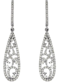 .90CT DIAMOND 14KT WHITE GOLD ELONGATED OPEN FILIGREE TEAR DROP HANGING EARRINGS