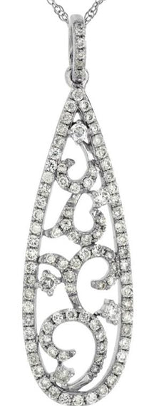 .52CT DIAMOND 14KT WHITE GOLD 3D ELONGATED TEAR DROP FILIGREE FLOATING PENDANT