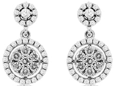 .55CT DIAMOND 14KT WHITE GOLD CLUSTER ROUND HALO DOUBLE FLOWER HANGING EARRINGS