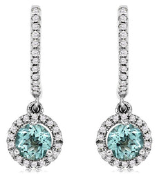 0.89CT DIAMOND & AAA AQUAMARINE 14KT WHITE GOLD 3D CLASSIC HALO HANGING EARRINGS