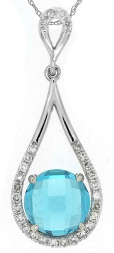 1.87CT DIAMOND & AAA BLUE TOPAZ 14KT WHITE GOLD 3D TEAR DROP FLOATING PENDANT
